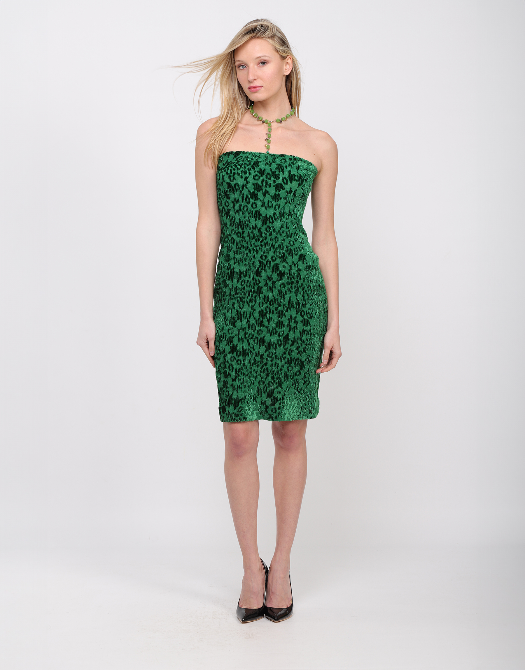 Emerald green embossed silk sheath strapless dress