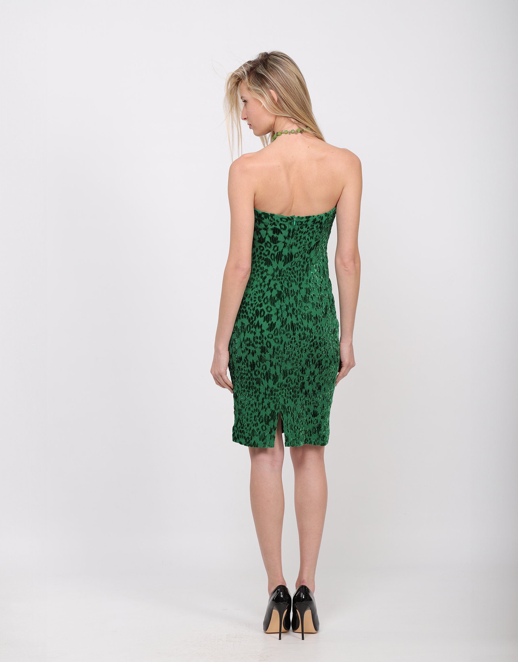 Emerald green embossed silk sheath strapless dress