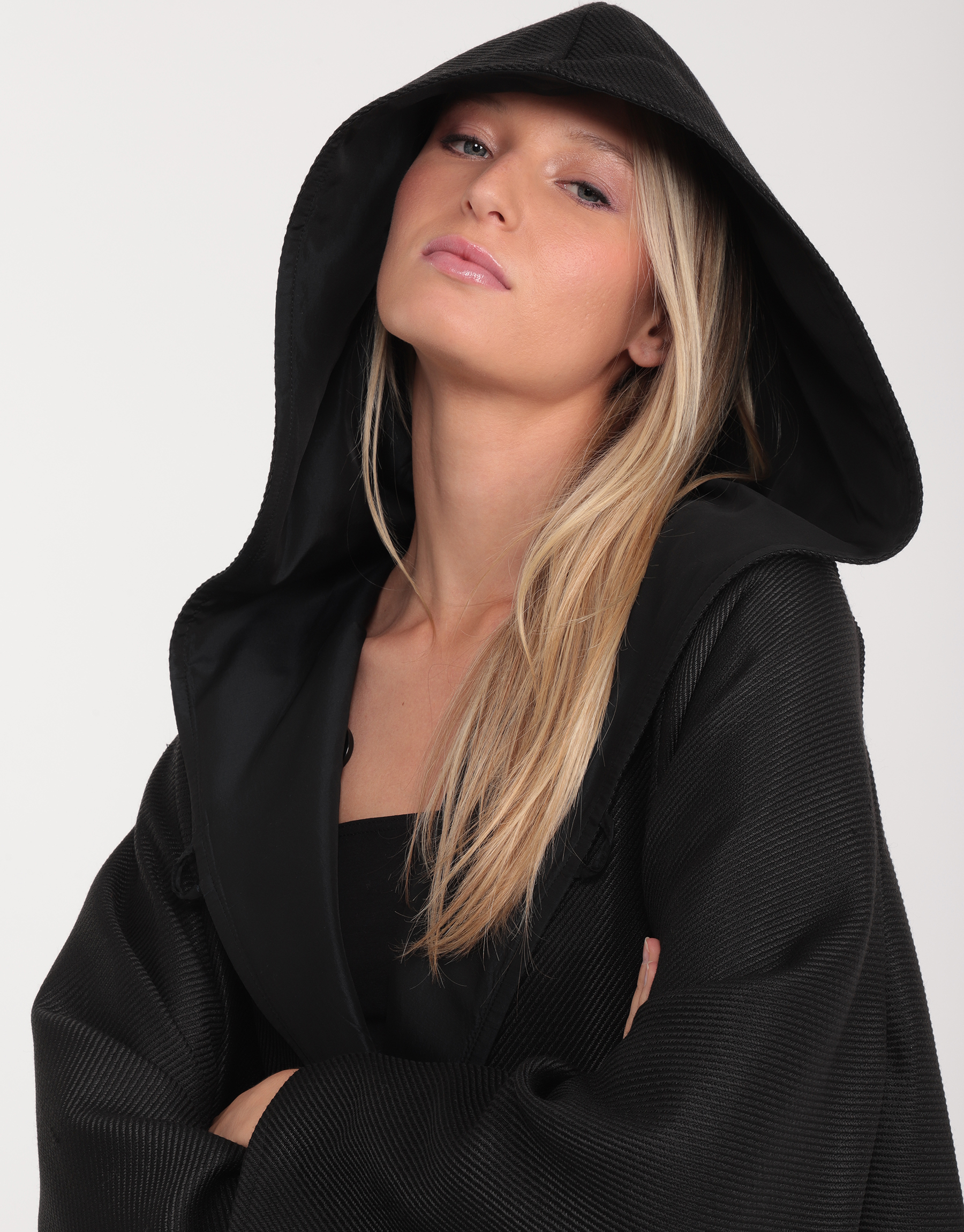 Double-sided cape jacket with black silk hood and taffeta