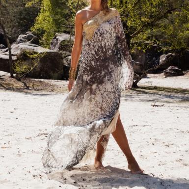 Asymmetrical long dress, in organza, marbled black and white, yellow lace print.