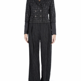 Pants pleated in wool crepe and viscose black tennis stripes