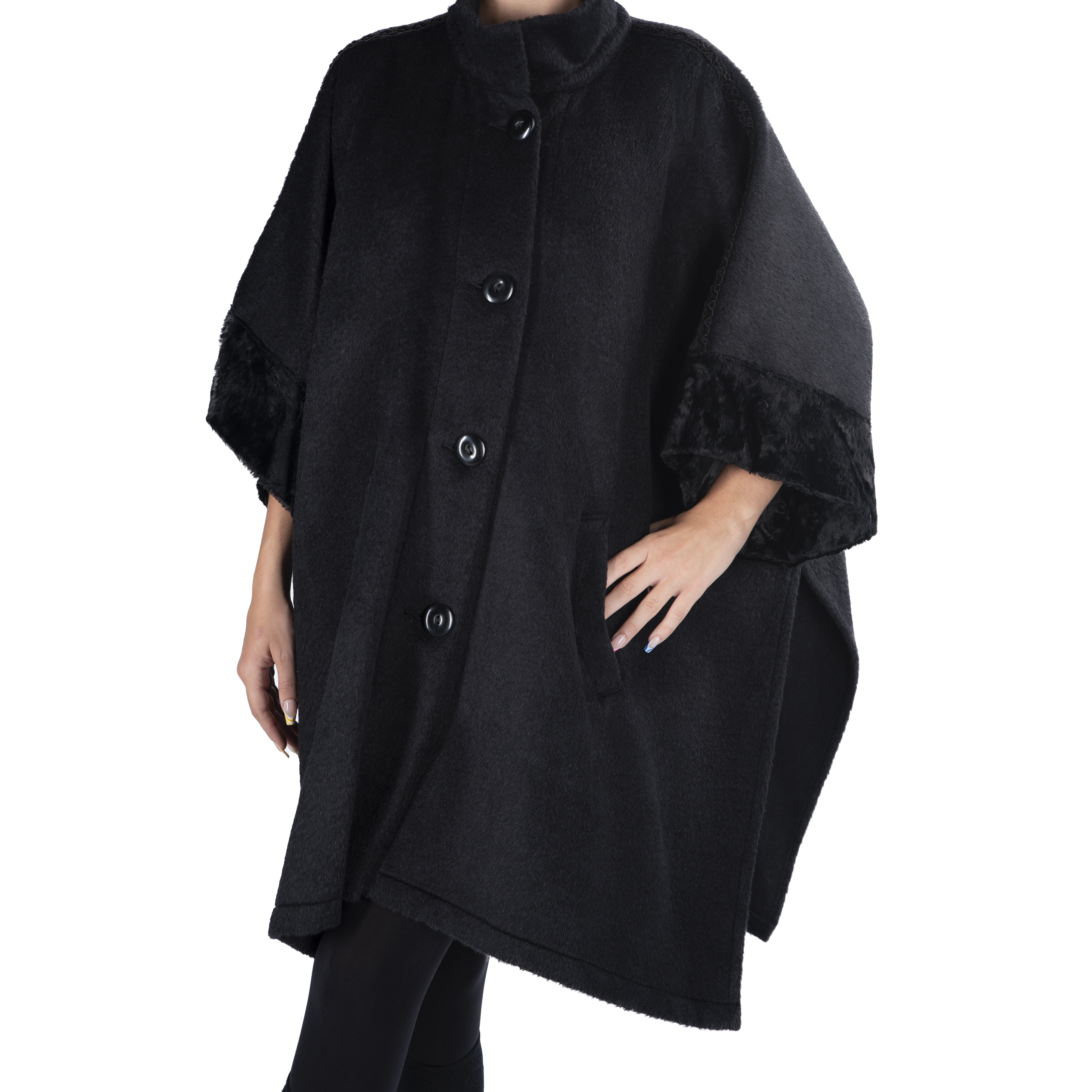 Poncho buttoned front in black wool and eco fur 