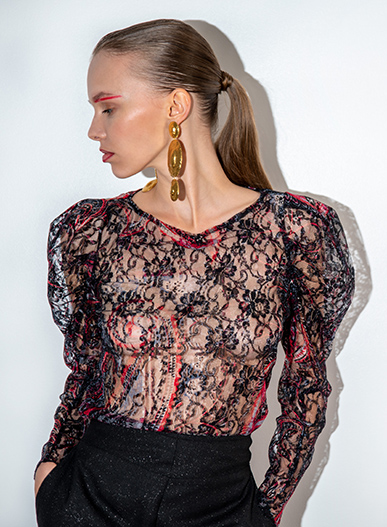 Printed lace top black and red cashmere designs