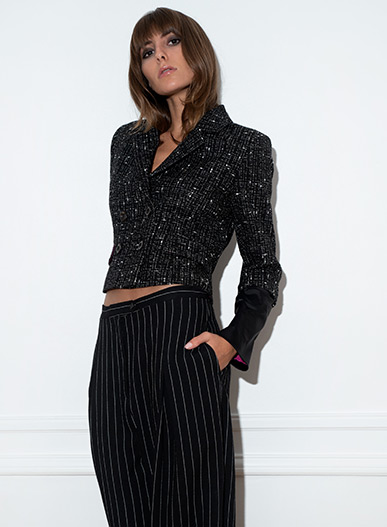 Cross jacket in iridescent black and white tweed and black satin