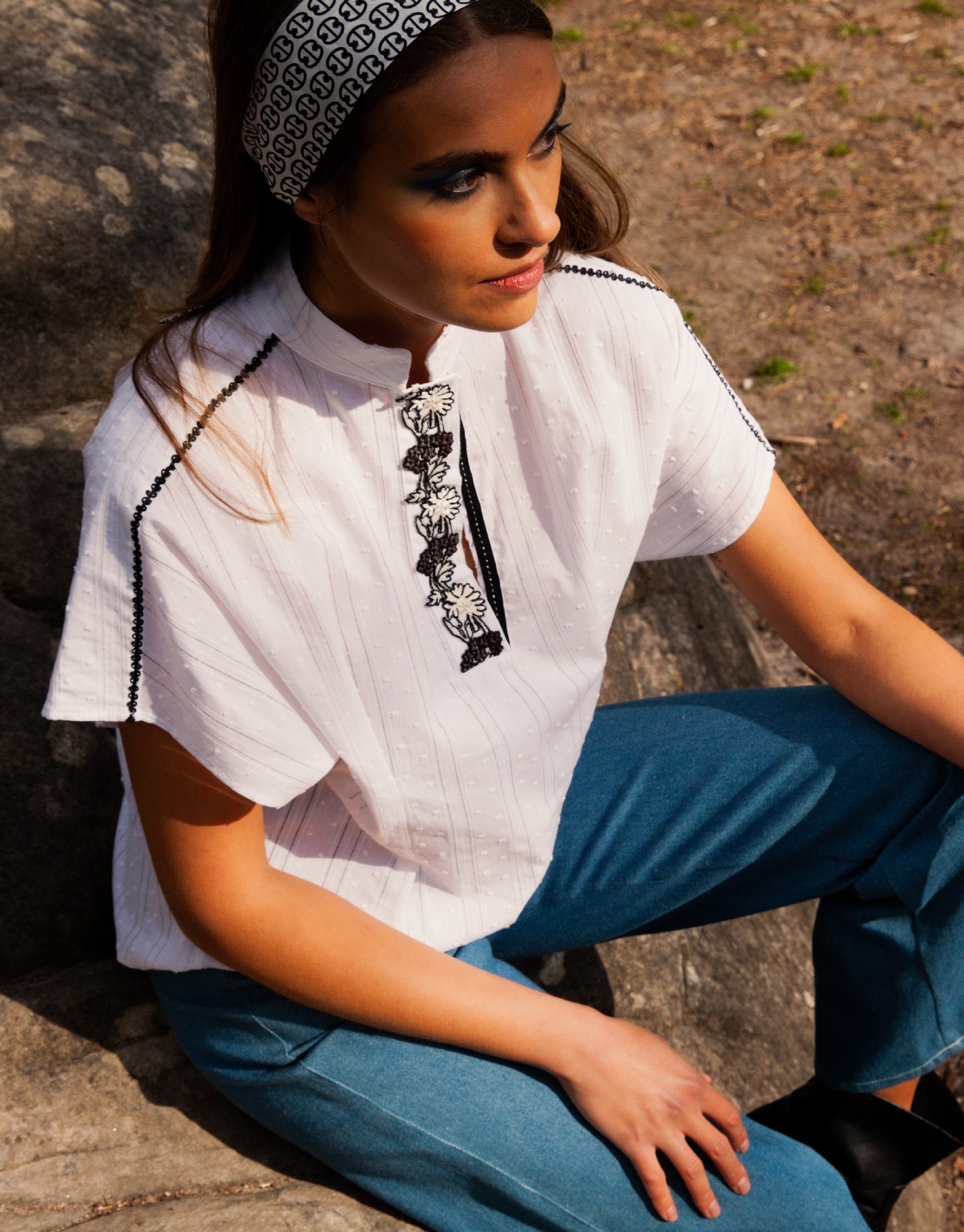 White openwork cotton feather blouse